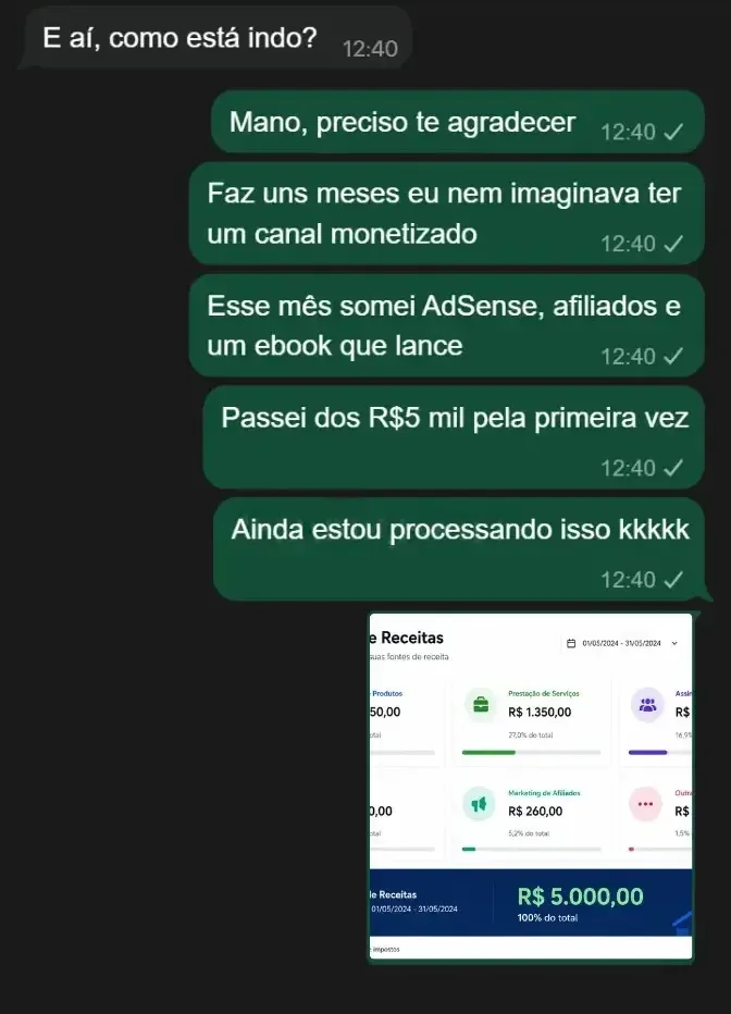 Diego Nunes mostrando conversa e resultado do canal