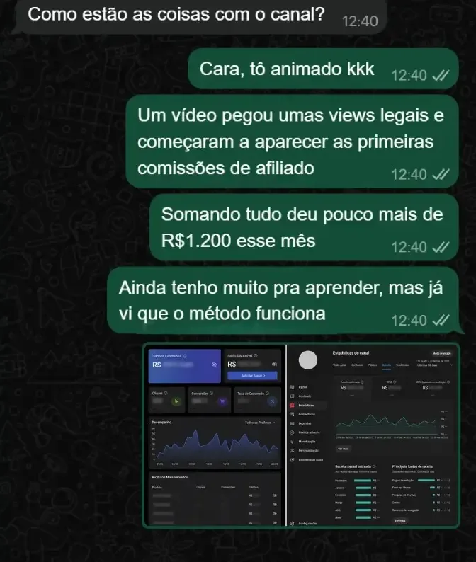 Camila Duarte mostrando dashboard de vendas e estatísticas do canal